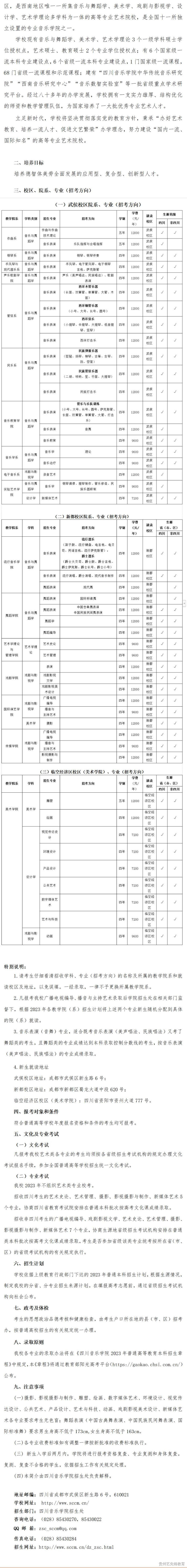 四川音乐学院2023年本科招生简章